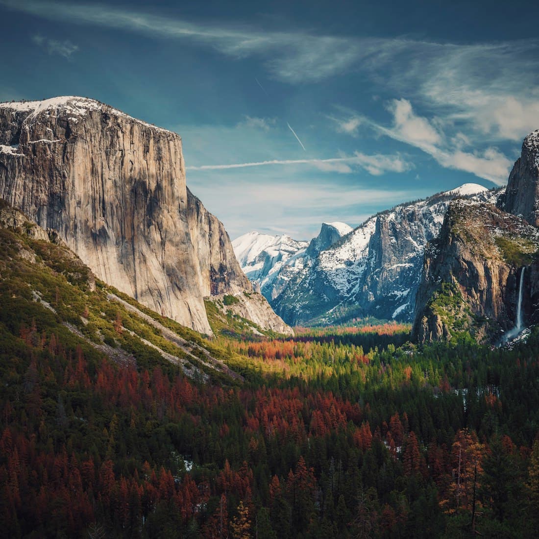 Yosemite Vadisi'nin tepeden görünümü: El Capitan kayalığı, çam ormanı ve uzakta şelale.